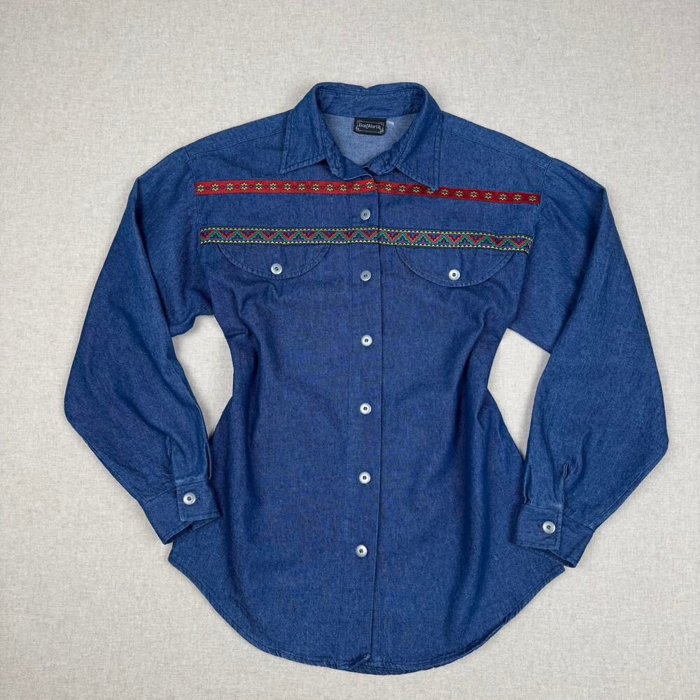 BonWorth Western Denim Shirt Embroidered Yoke Long Sleeve Blue Button Up